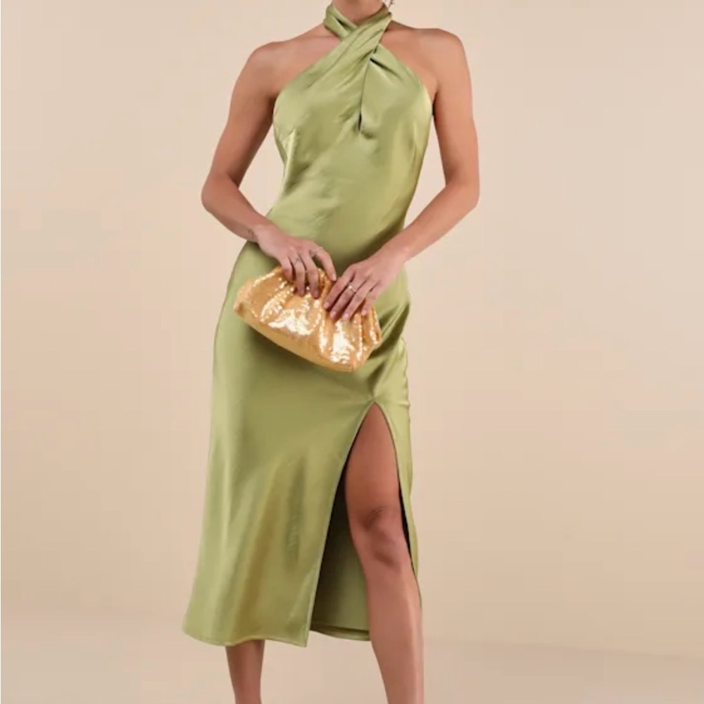 Lulus Beyond Classy Chartreuse Satin Halter Midi Dress XXL
